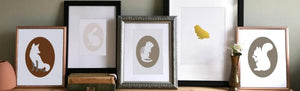 Collection of framed giclee cameo art prints including fox rabbit chipmunk dog and squirrel