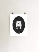 Load image into Gallery viewer, black bulldog cameo on white paper art print hanging with clips 
