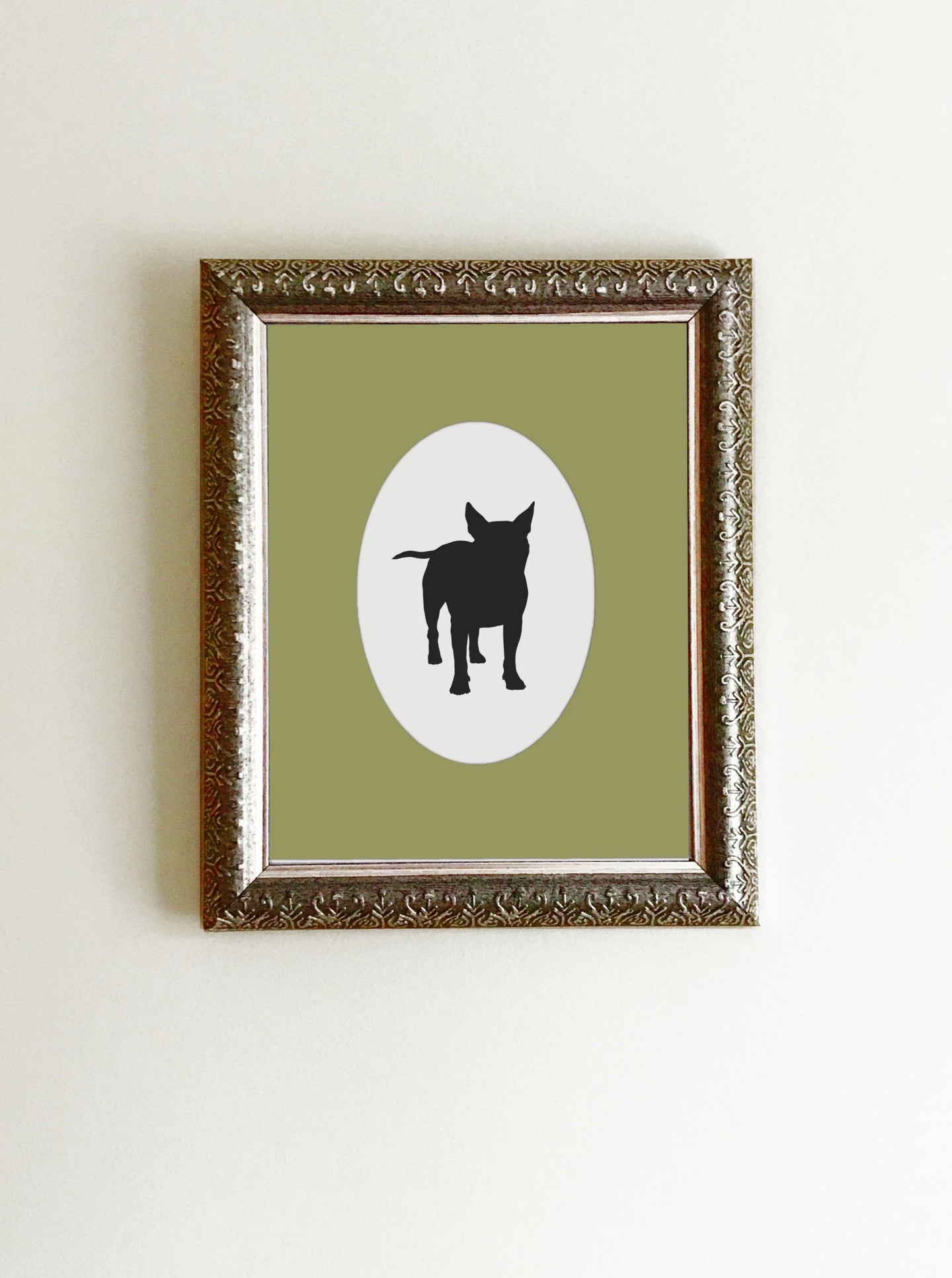 boston terrier silhouette in black and white framed with green mat
