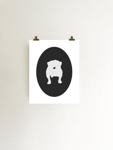 black bulldog cameo on white paper art print hanging with clips 