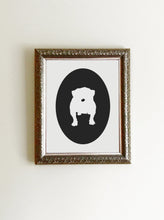 Load image into Gallery viewer, black bulldog cameo on white background art print framed on wall
