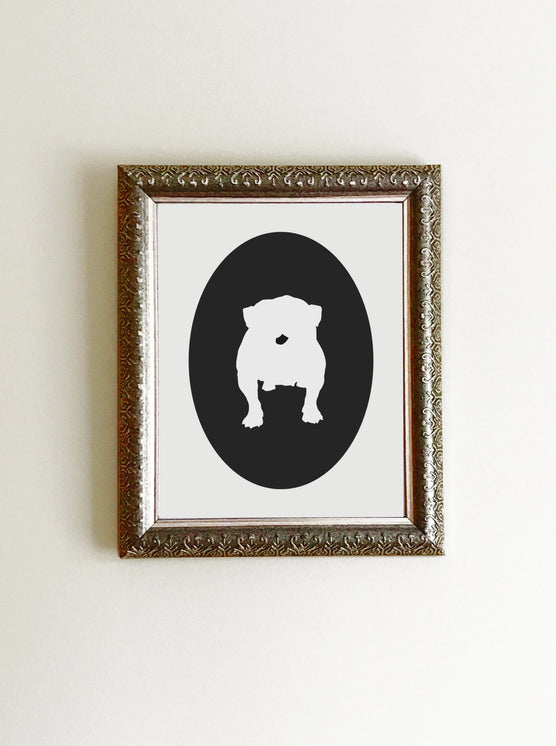 black bulldog cameo on white background art print framed on wall