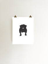 Load image into Gallery viewer, black bulldog silhouette on white background art print hanging with clips
