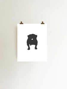 black bulldog silhouette on white background art print hanging with clips