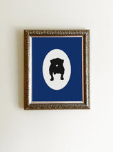 Load image into Gallery viewer, black bulldog silhouette on white background art print in frame with blue mat

