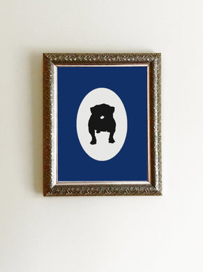 black bulldog silhouette on white background art print in frame with blue mat