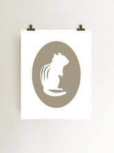 Load image into Gallery viewer, Chipmunk cameo giclee art print in tan on white fine art paper shown hanging in wall from clips
