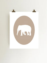 Load image into Gallery viewer, Tan elephant cameo giclee art print on white fine art paper art print hanging from clips on wall
