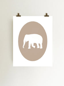 Tan elephant cameo giclee art print on white fine art paper art print hanging from clips on wall