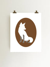 Load image into Gallery viewer, Fox cameo giclee art print on white paper shown hanging on wall from clips
