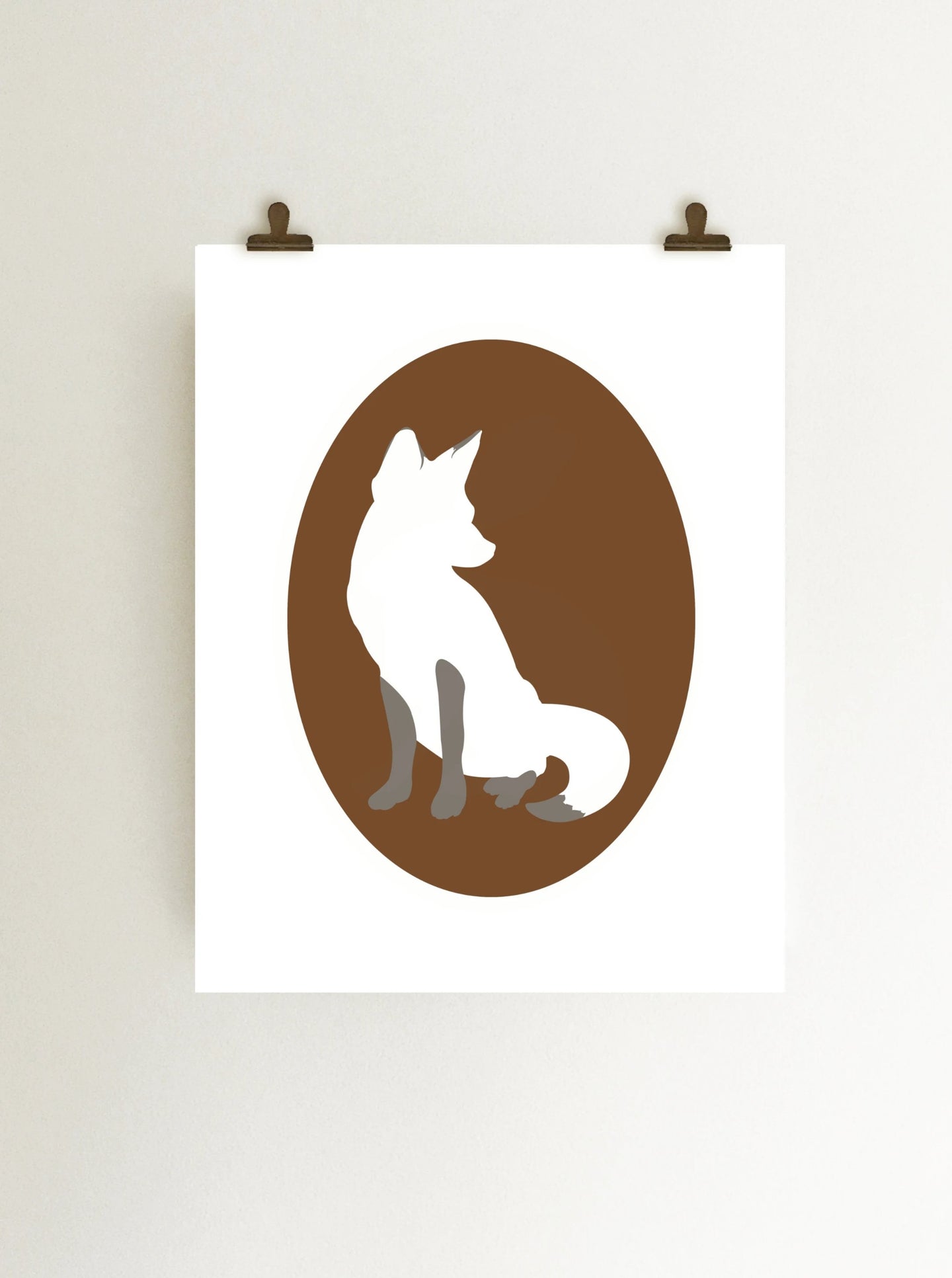 Fox cameo giclee art print on white paper shown hanging on wall from clips