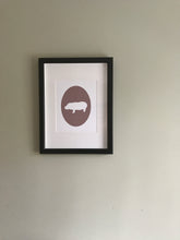 Load image into Gallery viewer, Purple Hippopotamus cameo giclee art print on white paper in frame hanging on wall
